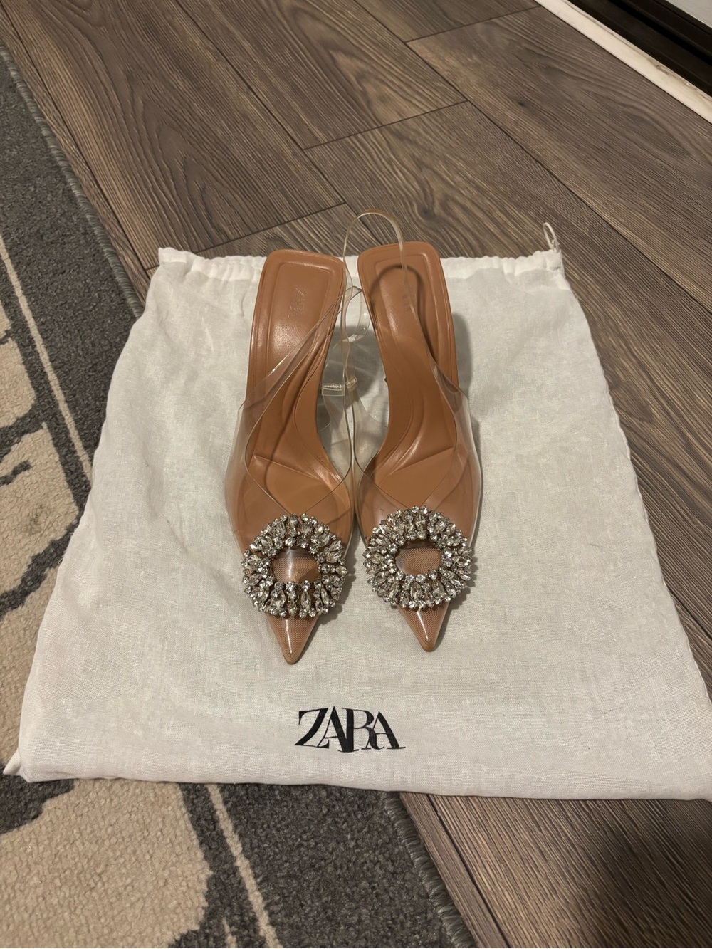 Zara Clear Crystal Pointed Toe Strap Pumps 38